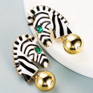 Zebra Head Drop Earrings with Gold Orb and Emerald Accent